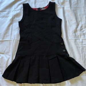 BIENZOE S7 Black Dress w Pleaded Skirt & red plaid underneath top zip up in back